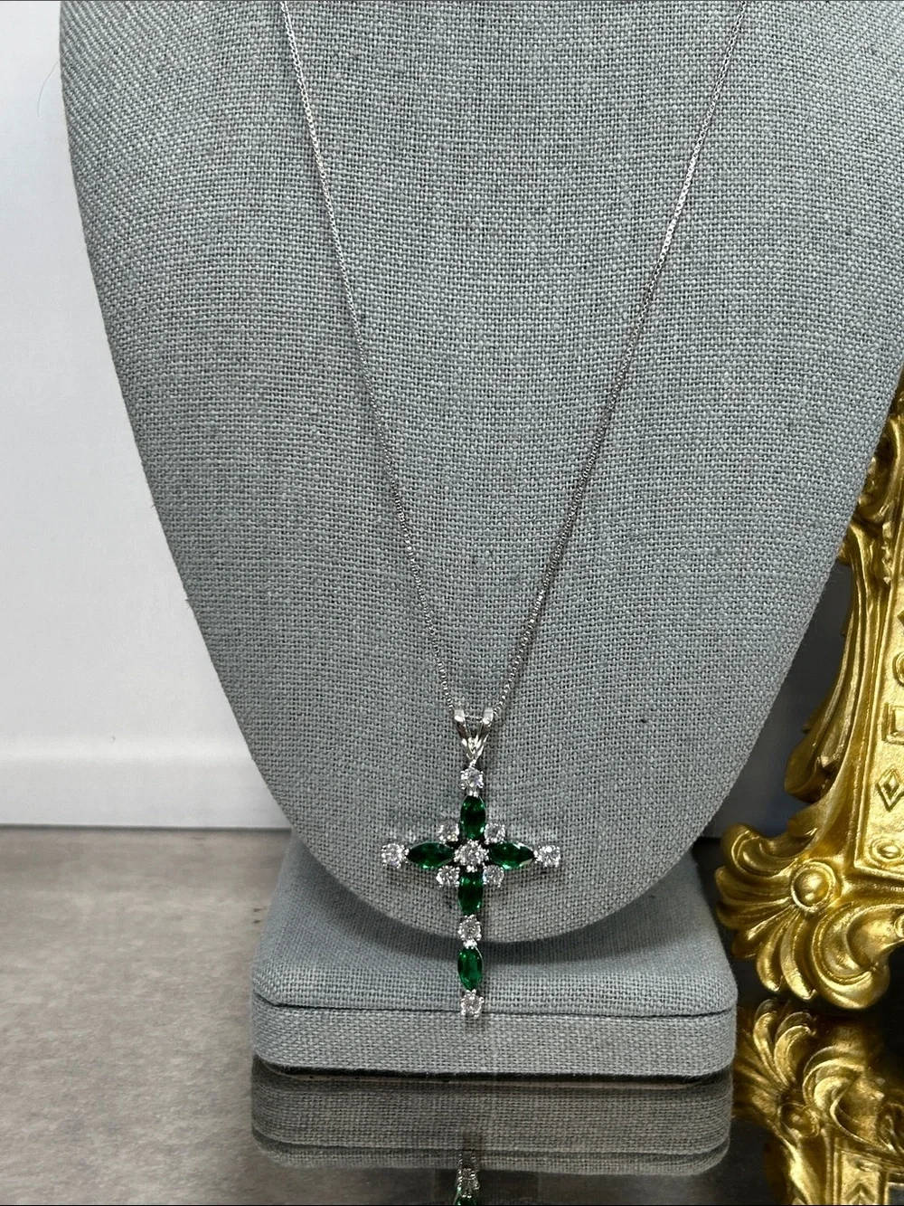 Emerald Green Crystal Cross Pendant Necklace - Silver Tone